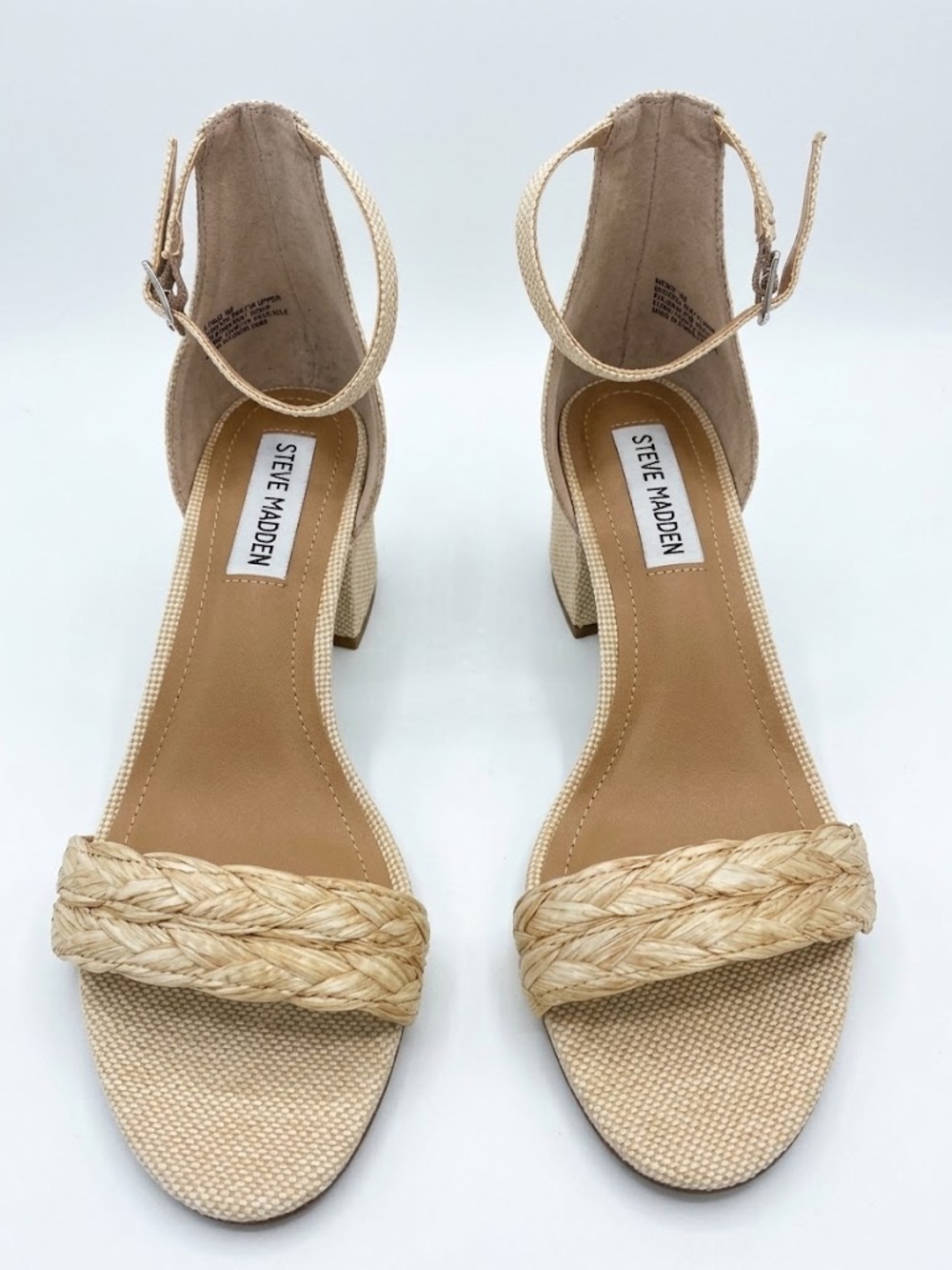 NIB Steve Madden Braided Raffia Ankle Strap Block Heel Sandals Neutral - Size 6